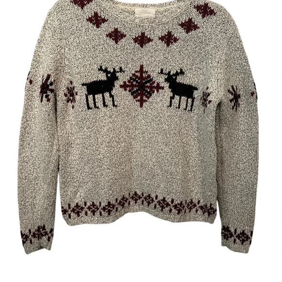 Cozy Knit Sweater with Reindeer Pattern - Beige and Burgundy - Picture 1 of 1